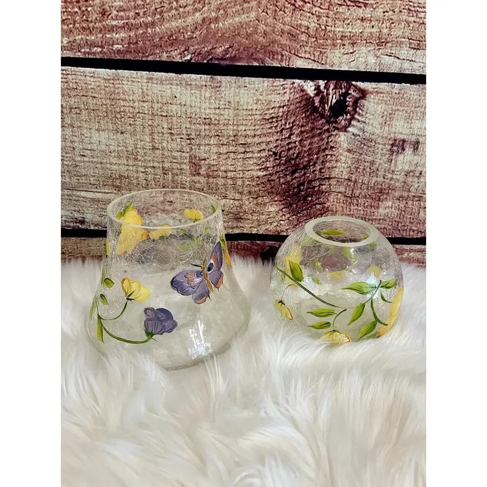 Vintage Anthropologie Floral Butterfly Hand Painted Painted Glass Lamp Vase EUC